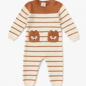 Gerber Striped Brown & White Knit One Piece Animal Pocket, Long Sleeve, Baby 6-9
